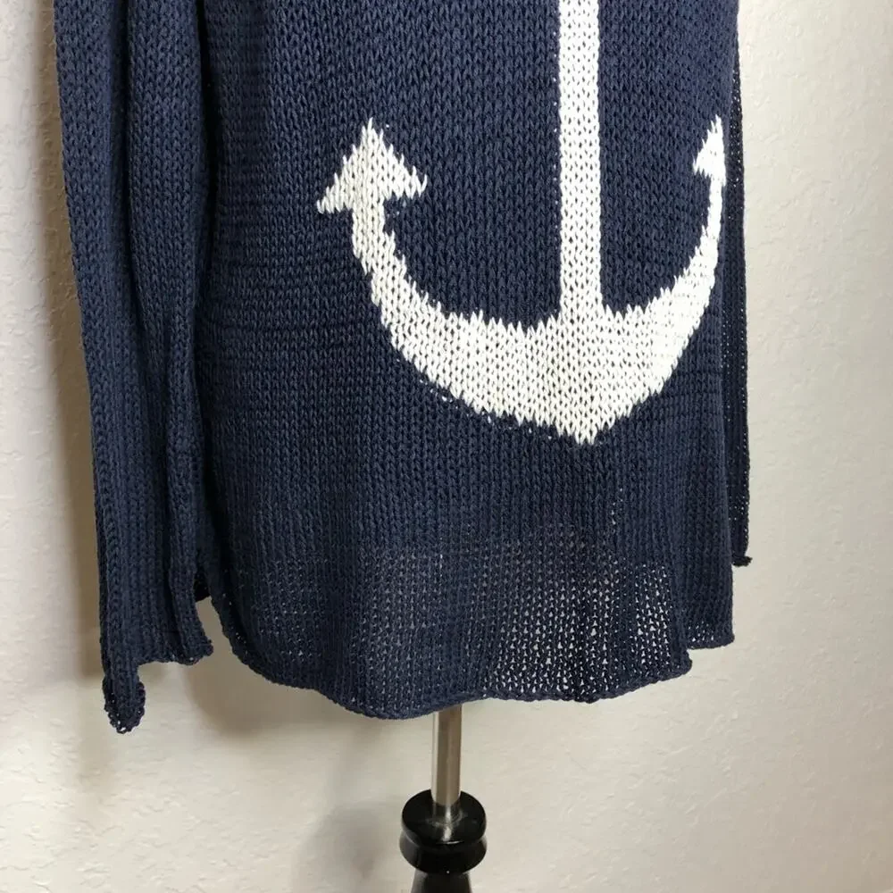 Wooden Ships navy white anchor nautical open knit sweater size Medium / Large ML - Picture 3 of 13
